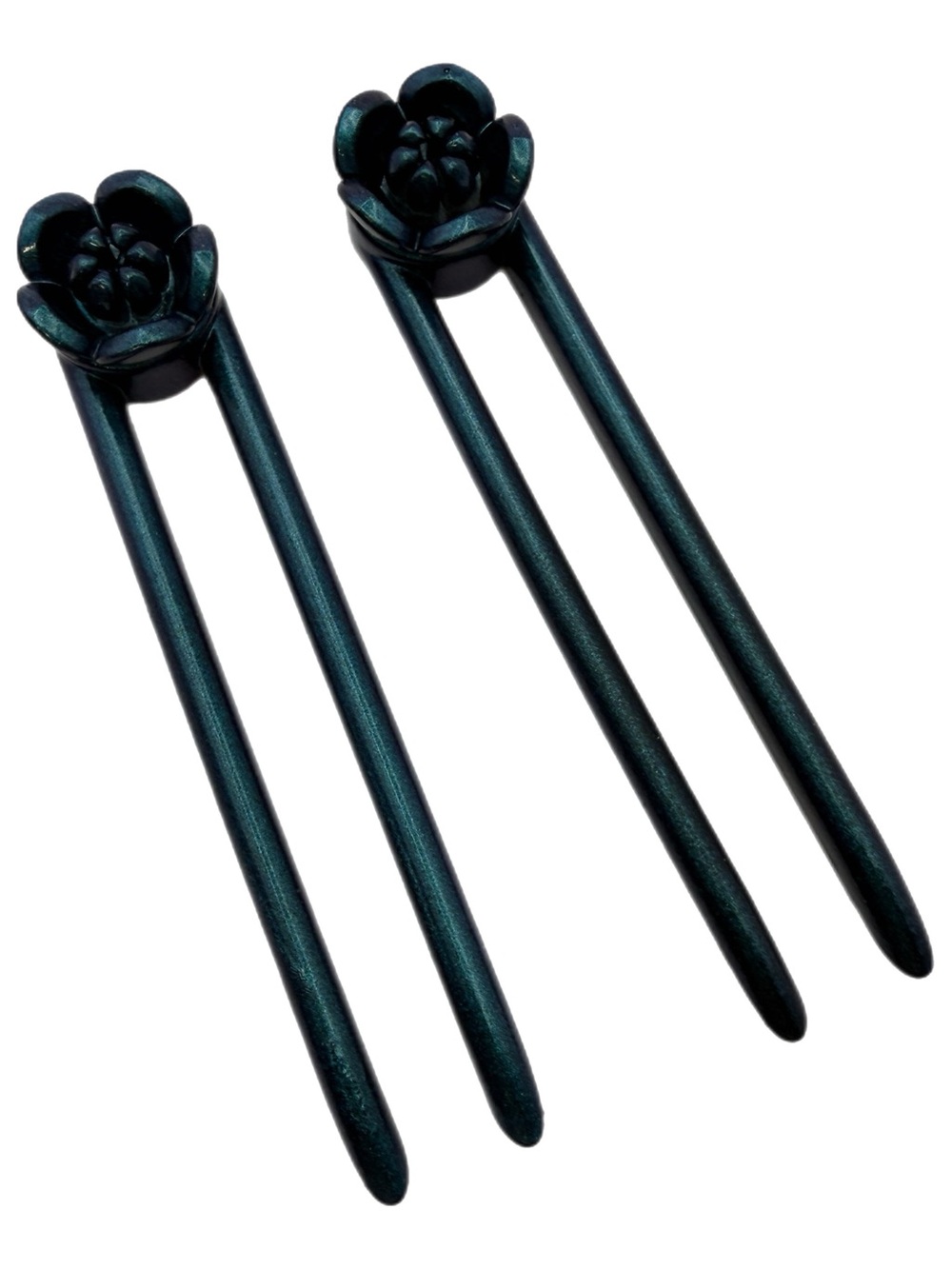 Vintage‑Style Teal Floral Hair Stick – Double‑Prong Decorative Hairpin